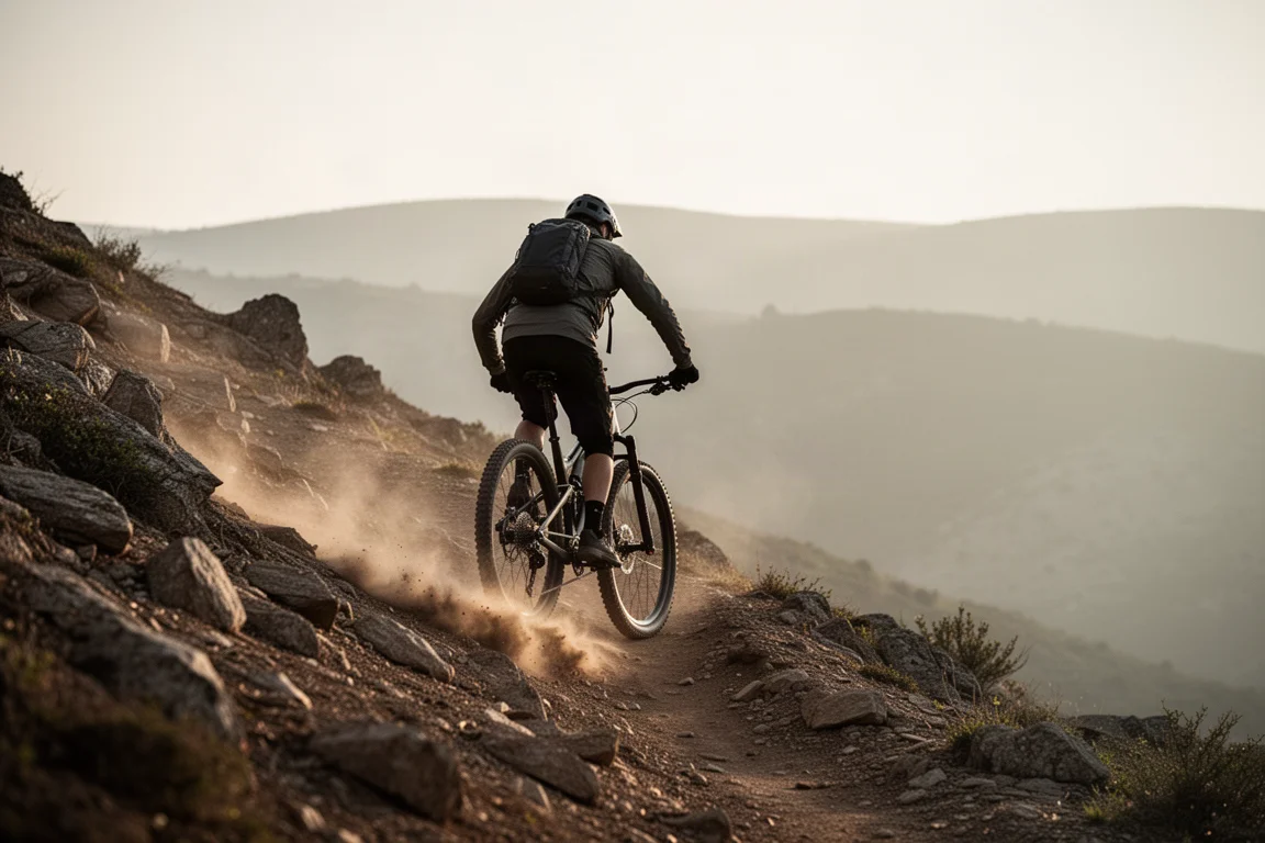 Ciclista de mountain bike subindo uma trilha rochosa sob a luz do fim da tarde