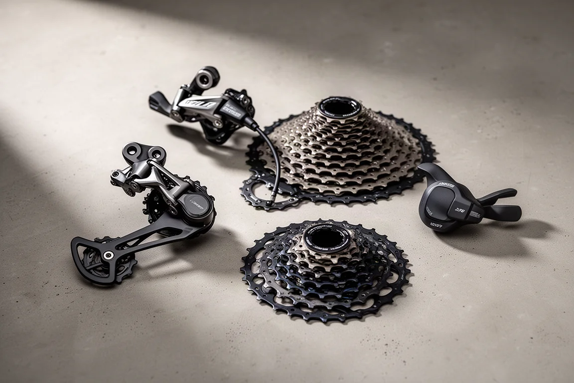 コンクリート上のディレイラー、カセット、シフターを備えたメカニカルなマウンテンバイク用ドライブトレイン