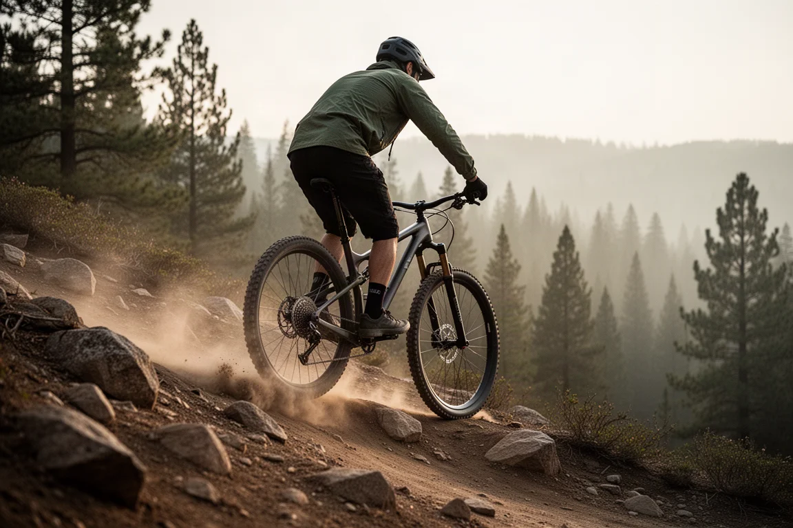 Mountainbikecyklist som klättrar på en stenig singletrack-stig i sena eftermiddagsljuset
