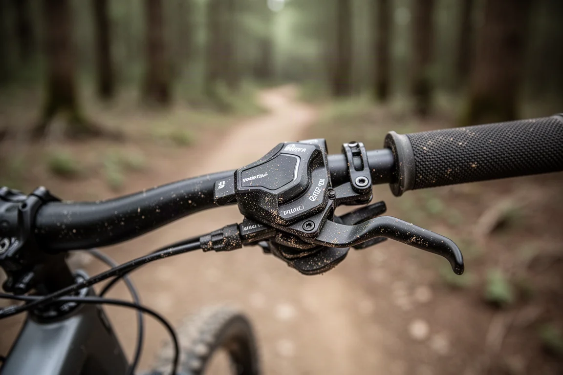 Närbild på ett växelreglage och en bromshandtag monterade på ett mountainbikestyre