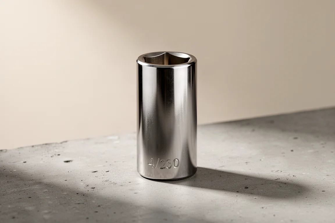 Titanium spark plug socket standing upright on a concrete surface
