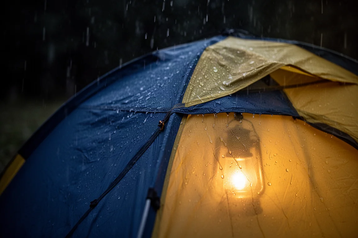 Lluvia cayendo sobre el sobretecho de una carpa azul y amarilla por la noche