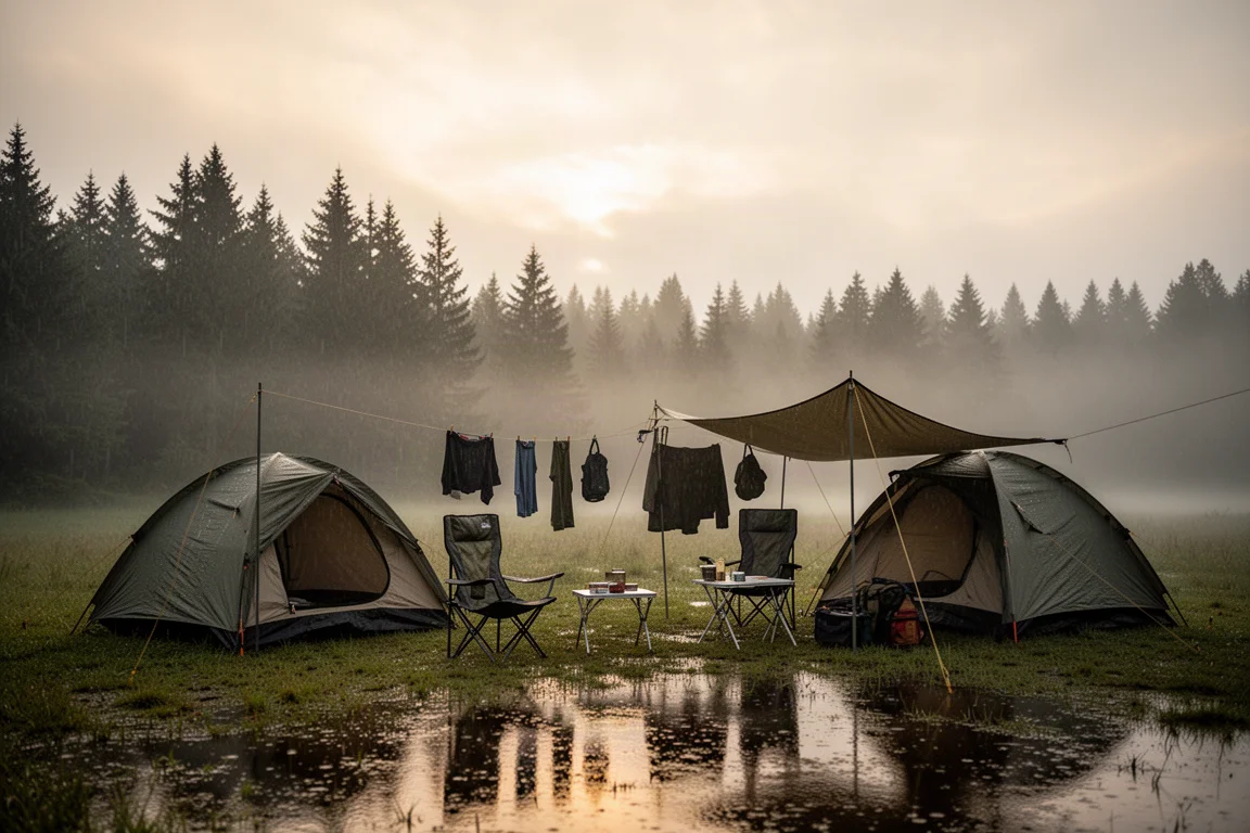 Campamento en una mañana húmeda con dos carpas, una silla de campamento y equipo secándose