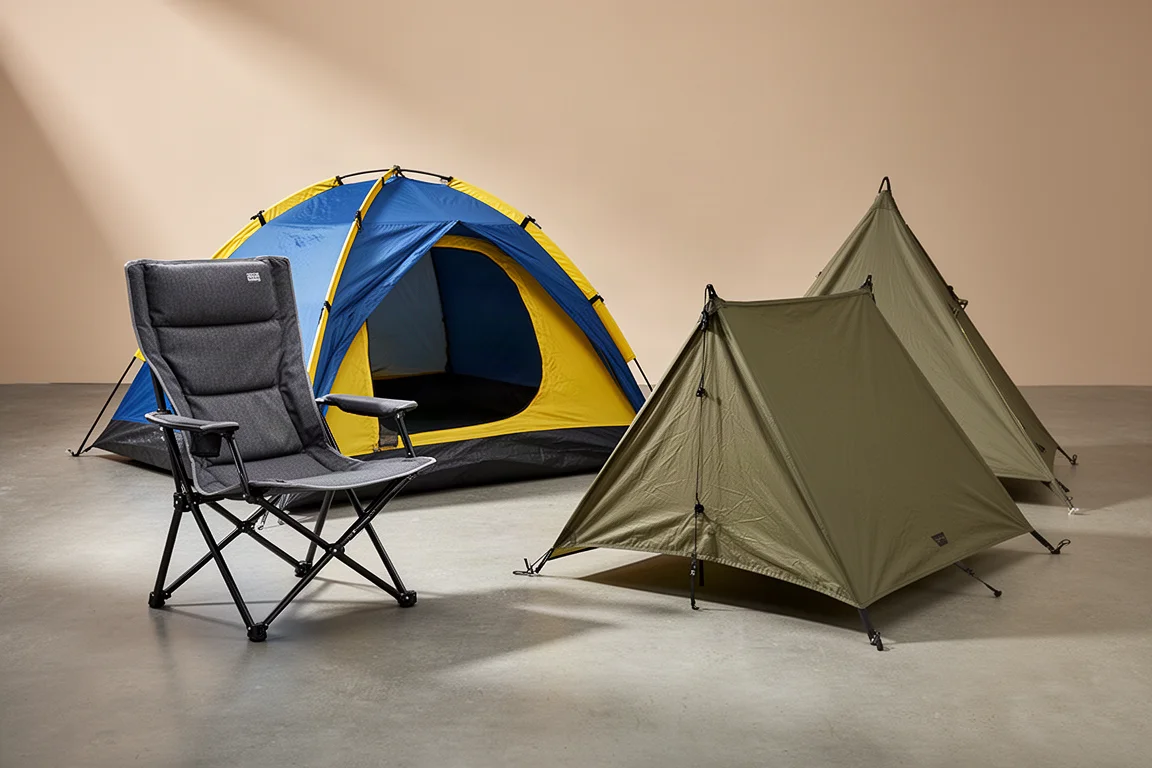 High-back camp chair, blue and yellow two-person tent, and olive lightweight shelter in an editorial camping setup