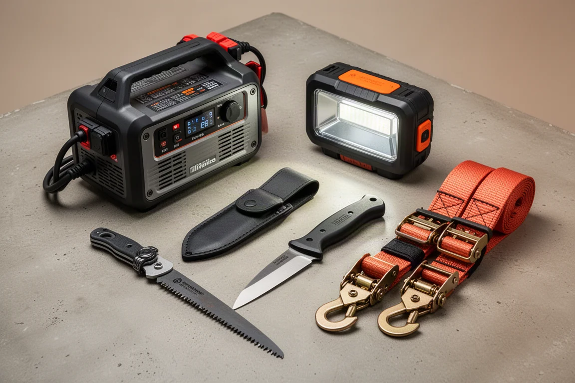 Sprzęt EDC do pickupa, w tym booster, lampa robocza, nóż, piła i pasy napinające, ułożone na betonie
