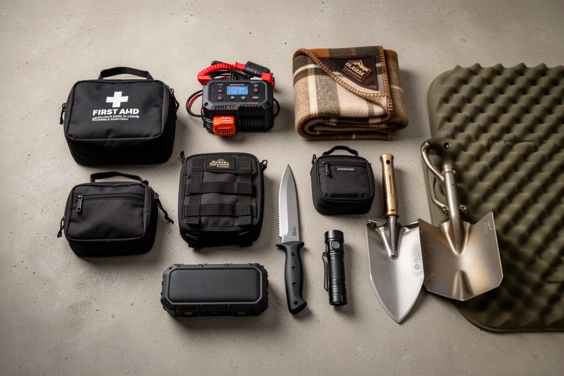 Flat-lay of truck and EDC gear including tools, flashlight, blanket, and shovel on concrete