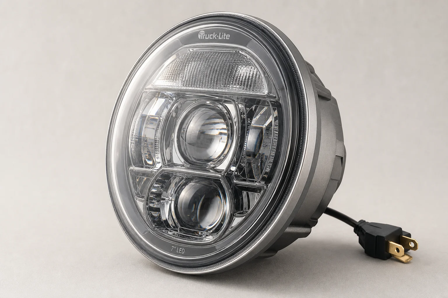 Five LED and drop-in headlights arranged on concrete surface