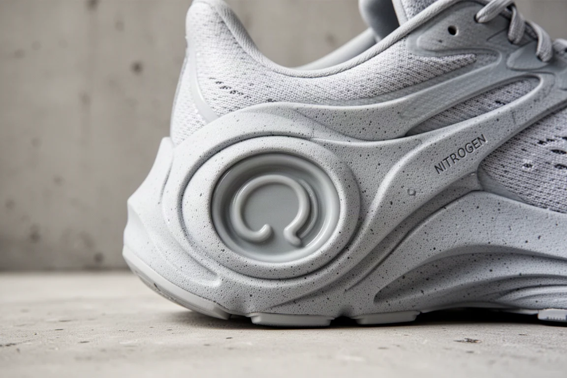 Primo piano del midsole di una scarpa da running su strada che mostra un elemento ammortizzante a forma di U curva