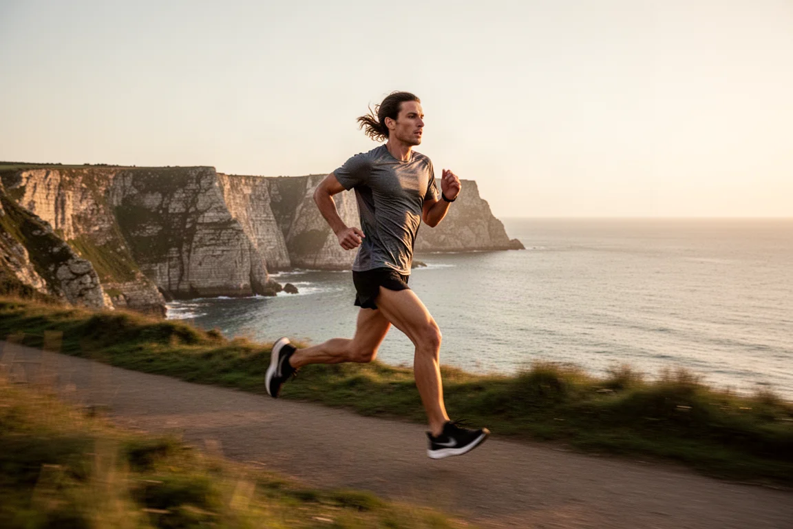 Runner che completa un 10K costiero al tramonto