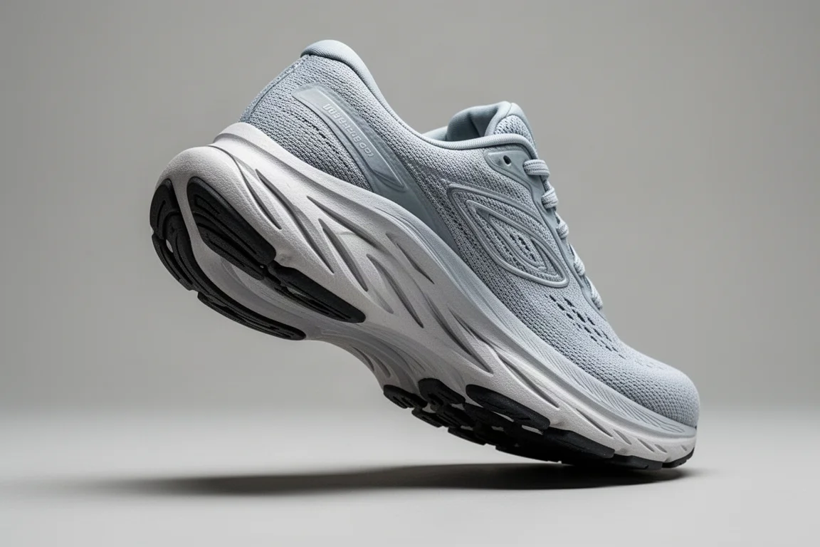 Midsole di una scarpa da running flessibile che si piega mostrando profonde scanalature di flessione