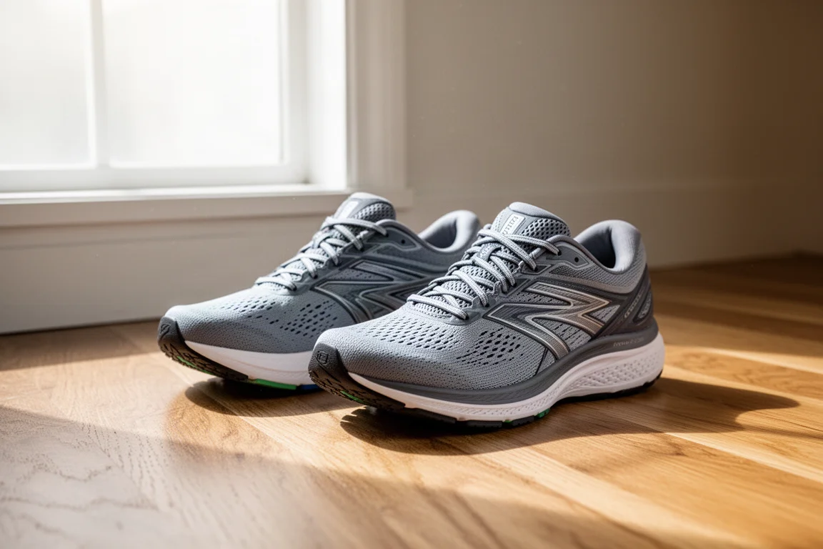 Scarpe da running appoggiate su un pavimento di legno accanto a una finestra
