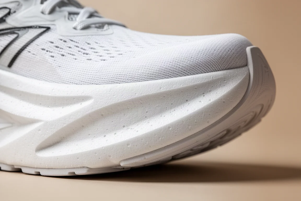 Gros plan sur la géométrie rocker de la semelle intermédiaire d'une chaussure de running