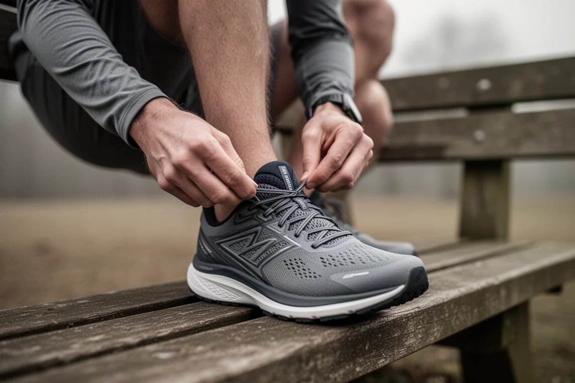 Coureur ajustant les lacets d'une languette fine à soufflet