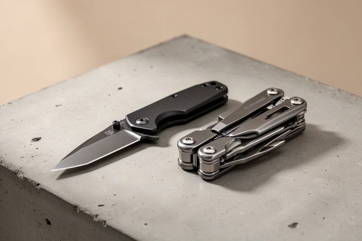 Folding pocket knife and compact multitool side by side on concrete surface