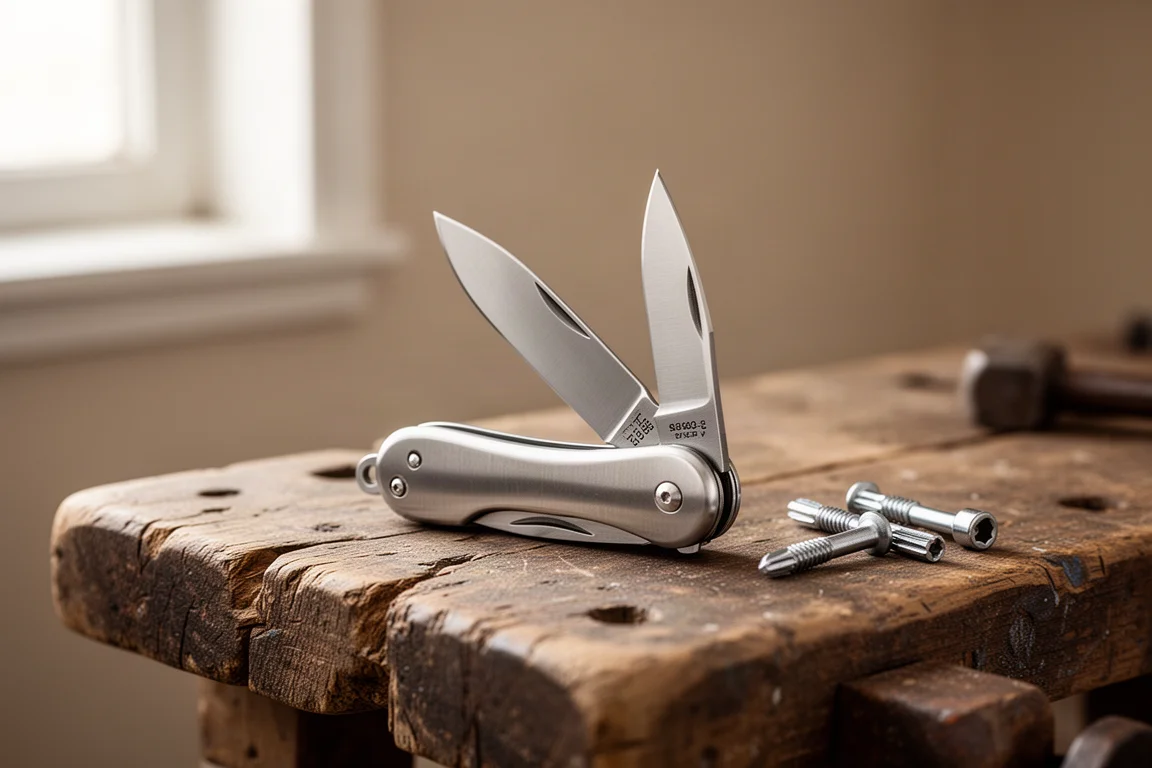 Compact folding pocket knife partially open on a workshop table
