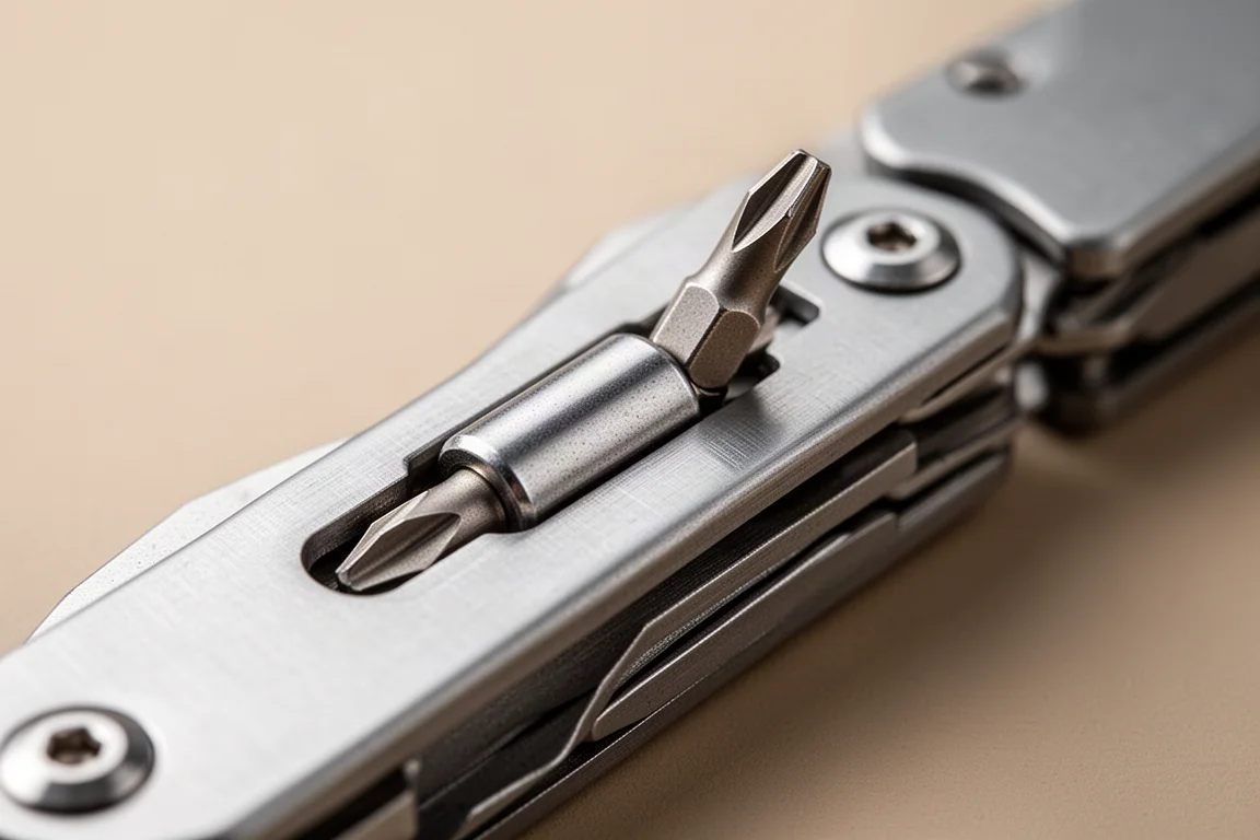 Close-up of a small magnetic bit driver holding a screwdriver bit