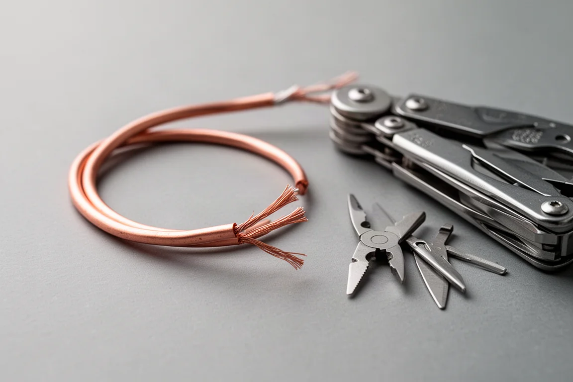 Wire stripped with a folding knife blade on a workbench