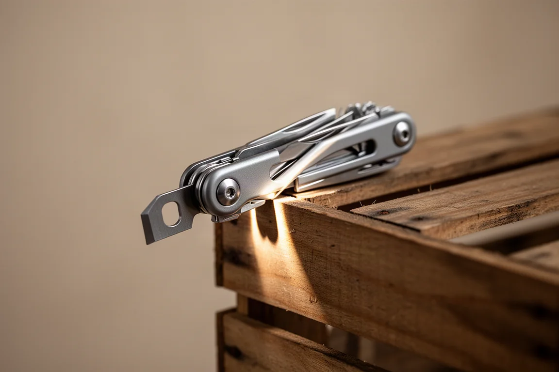 Small pry bar end of a multi-tool pressed against a wooden edge
