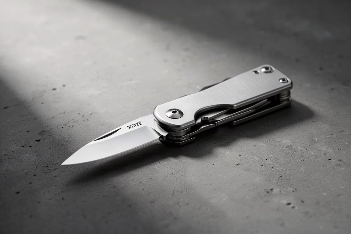 Compact stainless steel multi-tool folding knife partially open on dark concrete