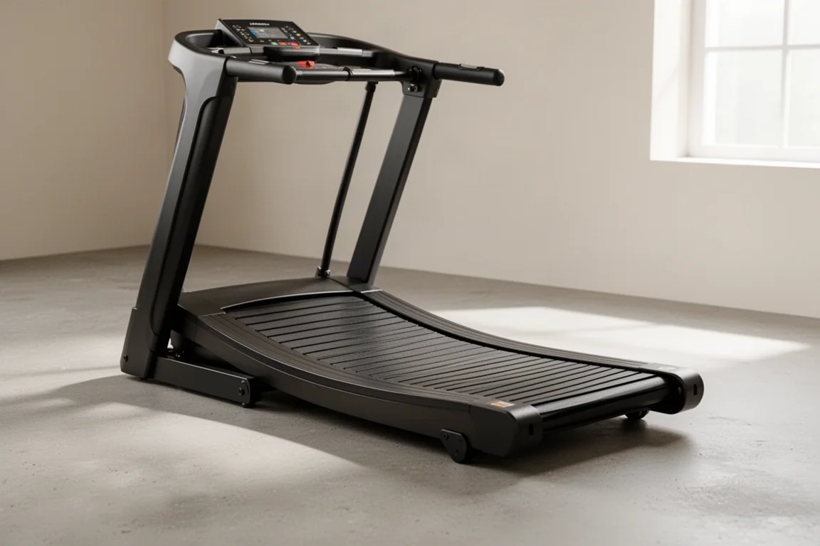 Curved manual treadmill in a minimalist home gym with concrete floor