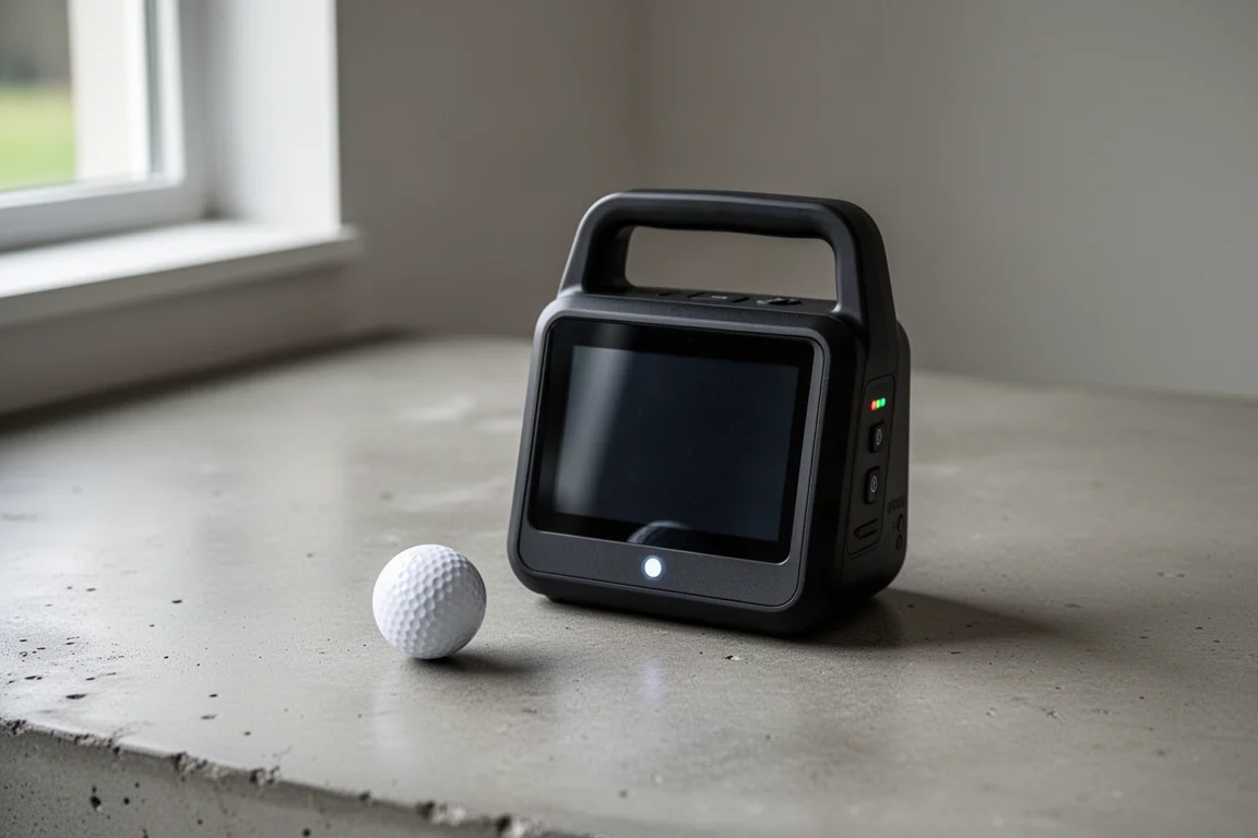 TruGolf Launch Box compacto sobre una superficie de hormigón mate con una bola de golf cerca