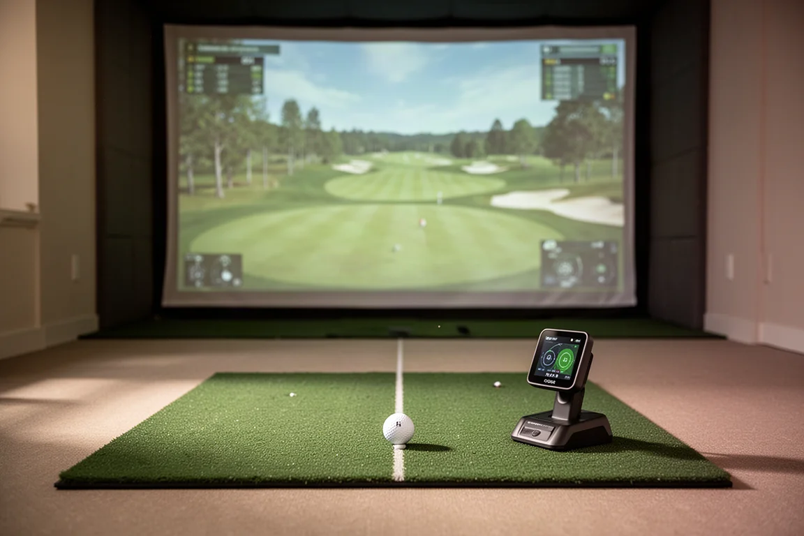 Golfista configurando el monitor de lanzamiento en una alfombra de simulador casero