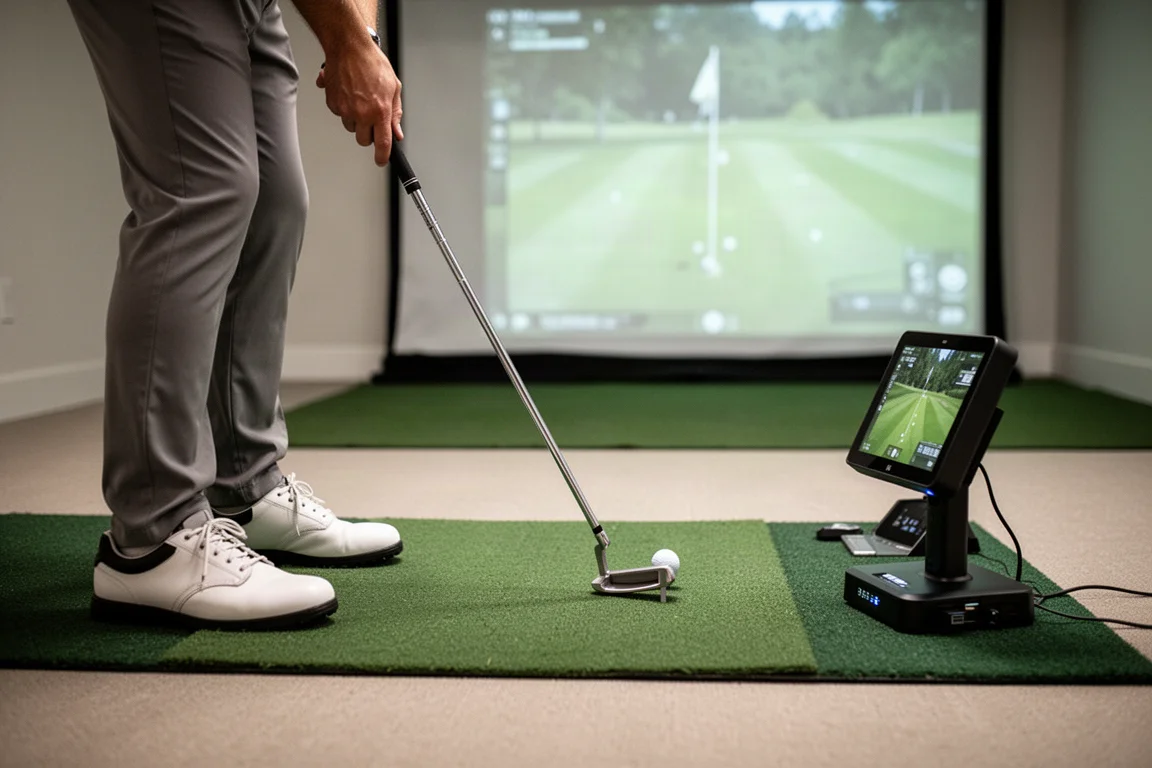 Golfista practicando putt en un simulador casero con el monitor de lanzamiento rastreando el putt
