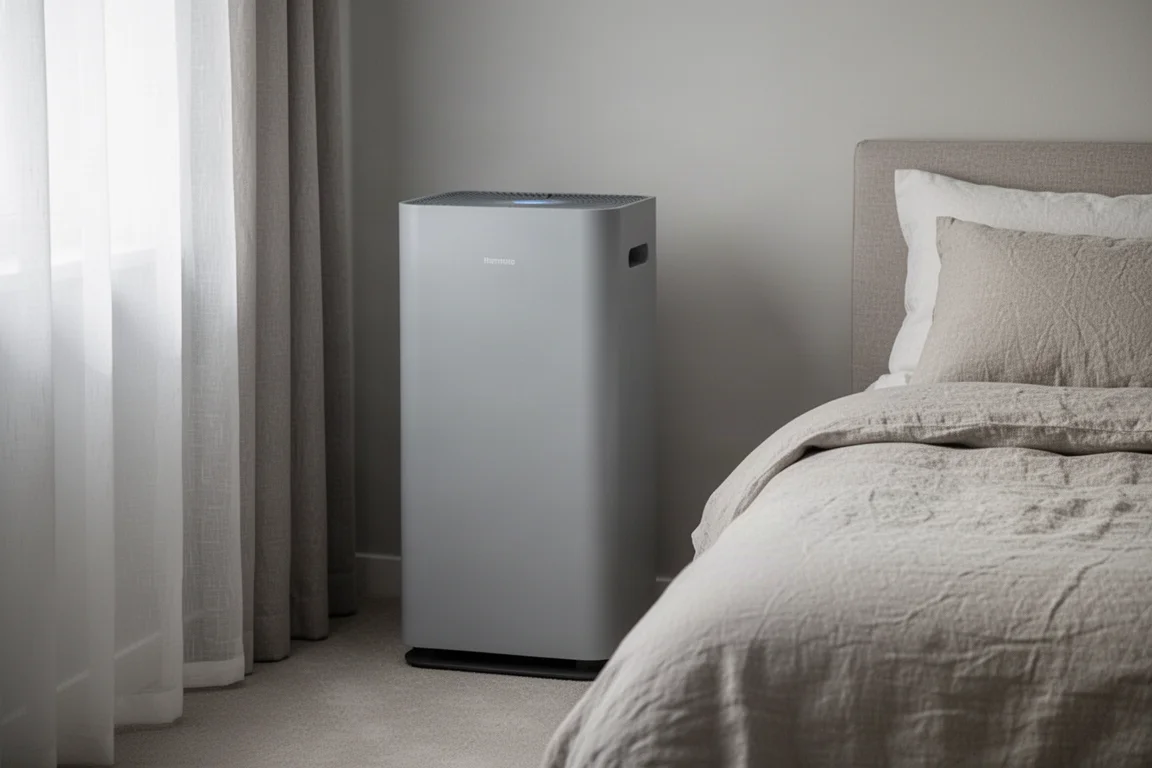 Air purifier running quietly in a tidy bedroom corner