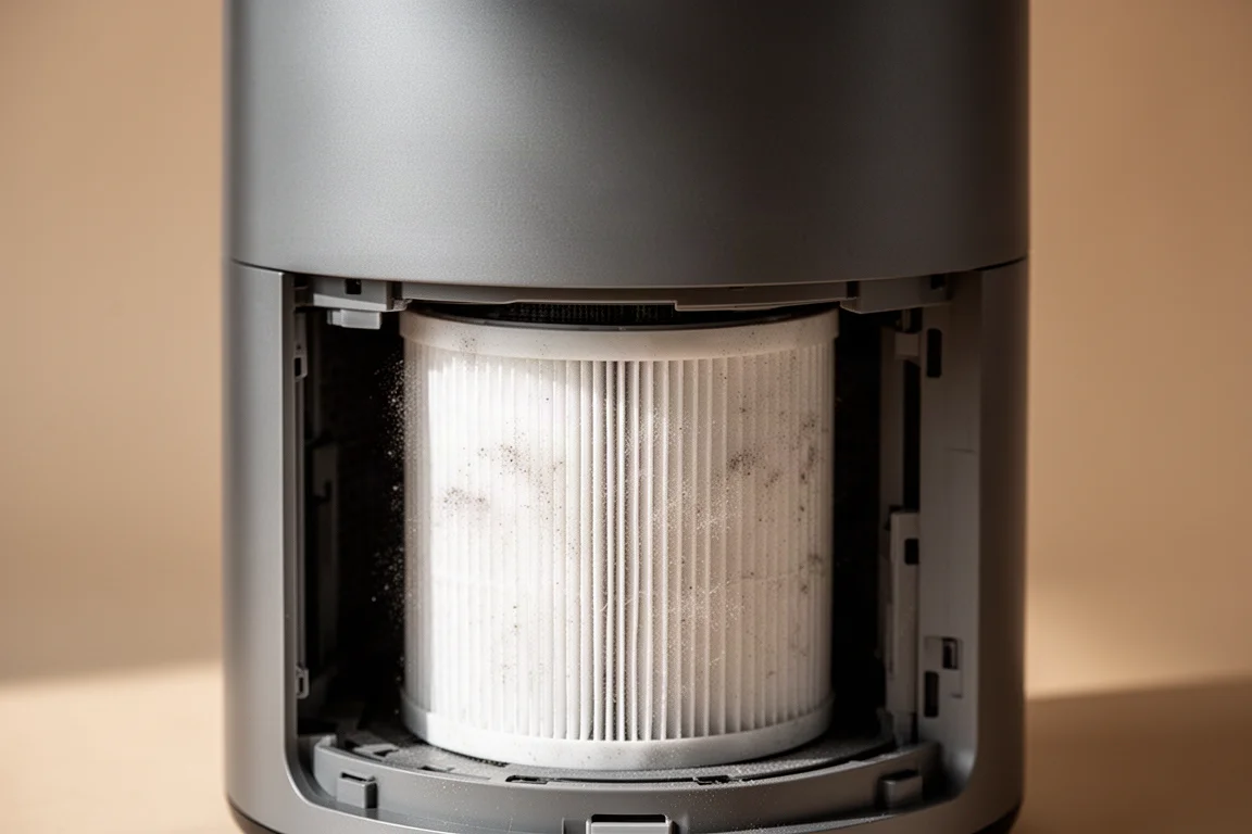 Hand opening the lower panel to reveal the filter compartment