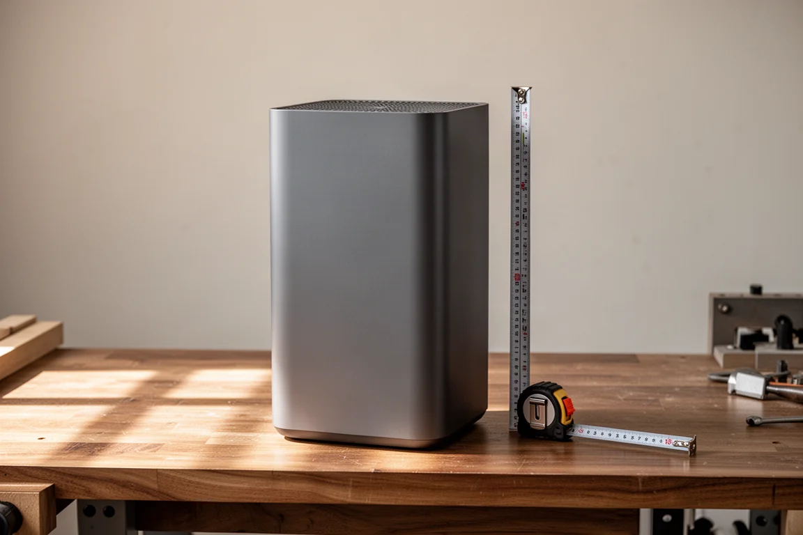 Air purifier cleaned and resting on a workbench for measurement
