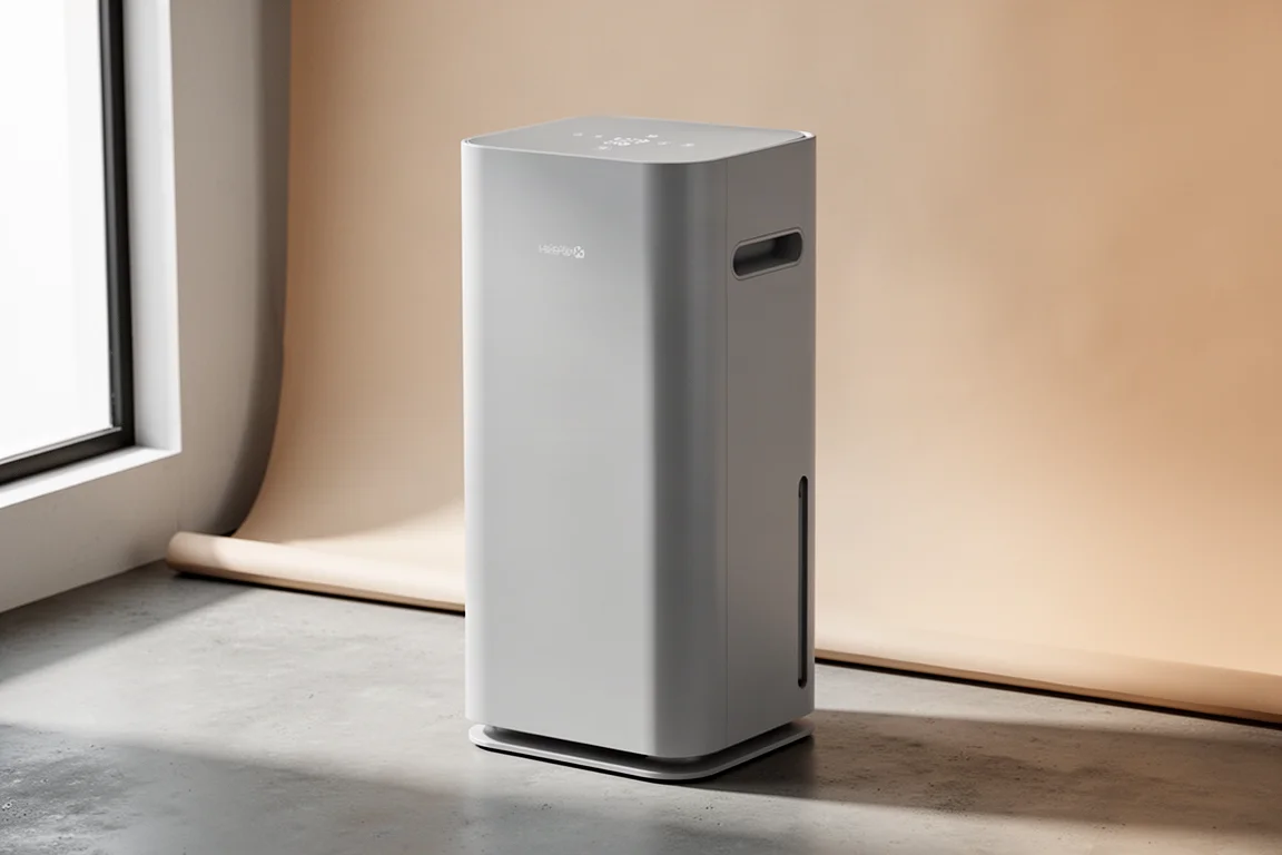 Trusted Air Purifier standing on a concrete surface against a neutral backdrop