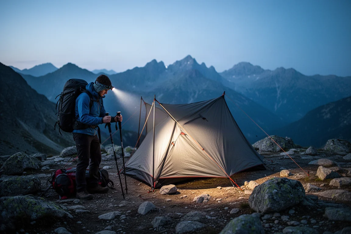 Backpacker rozbijający namiot na kijki trekkingowe na skalistym alpejskim obozowisku o zmierzchu