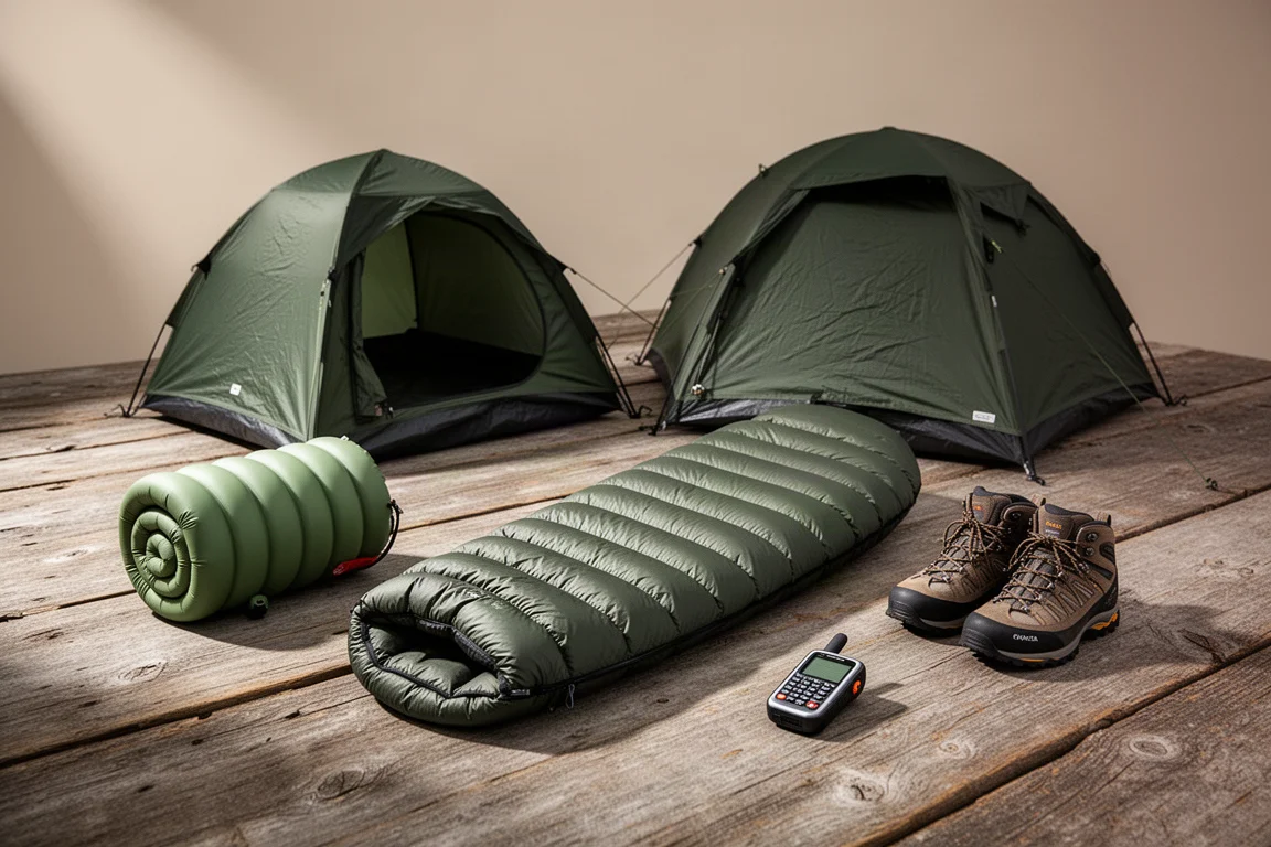 Flat-lay of backpacking gear including tent, sleeping pad, down bag, shoes, and satellite communicator