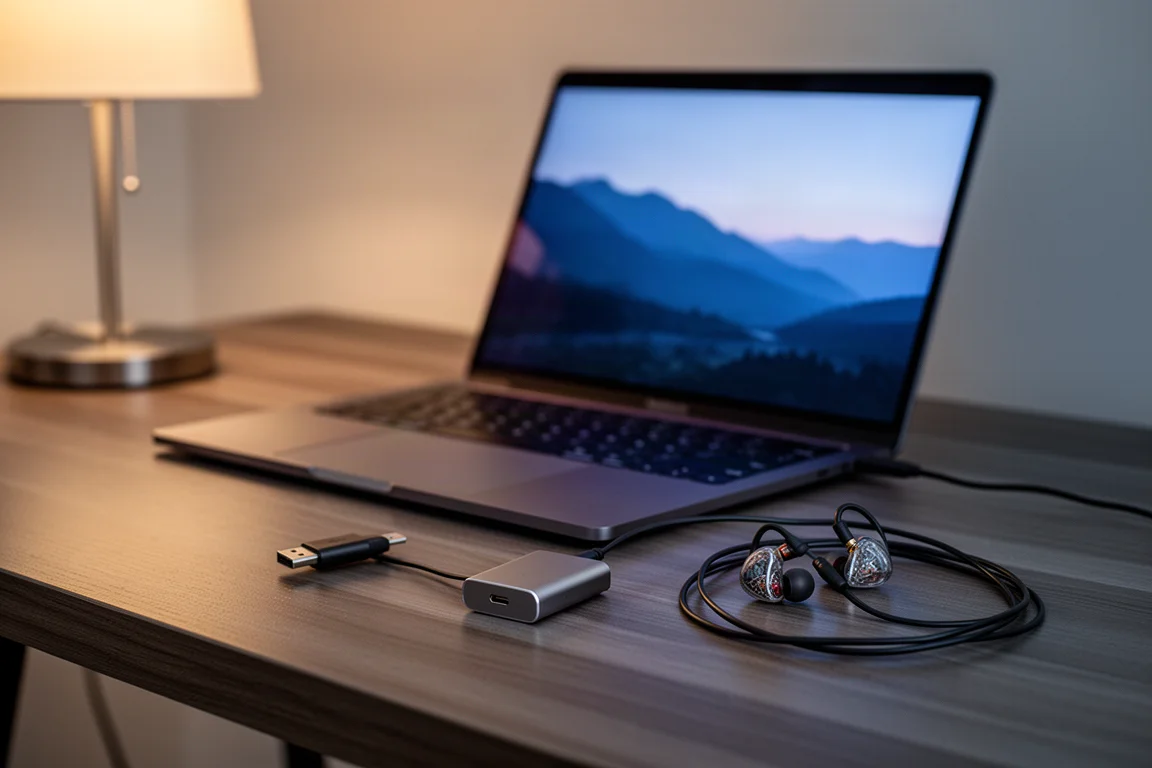 Skrivbordsscen med laptop, en liten USB-ljuddongle och hörlurar i kvällsljus