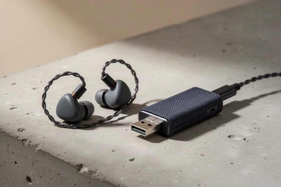 Compact in-ear monitors and a small USB dongle DAC side by side on a concrete surface
