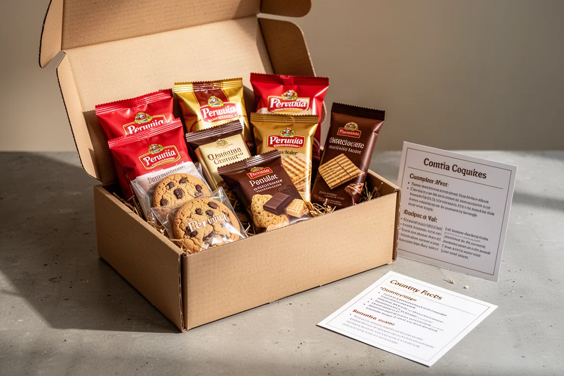 Open snack subscription box filled with assorted wrapped Peruvian cookies and chocolate