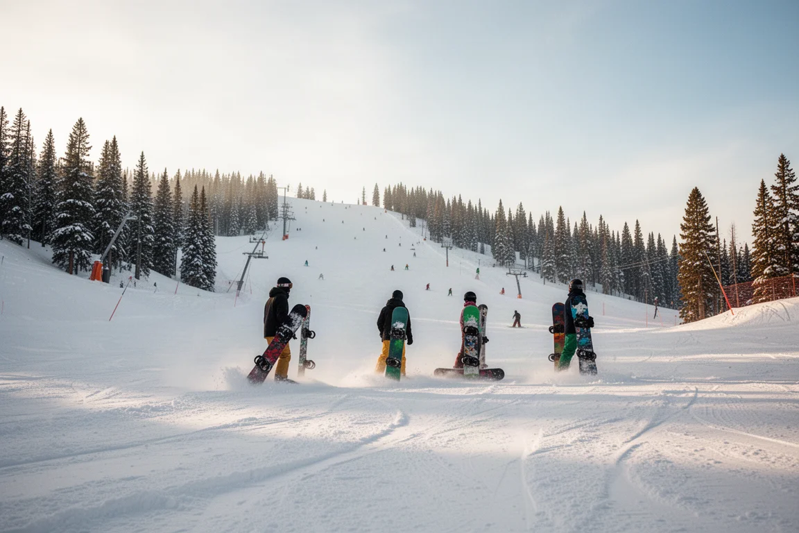 Snowboardziści stojący na ośnieżonym stoku górskim w miękkim popołudniowym świetle