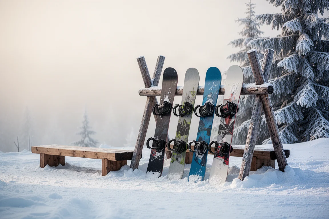 Snowboardy oparte o drewniany stojak przy bazie ośrodka narciarskiego