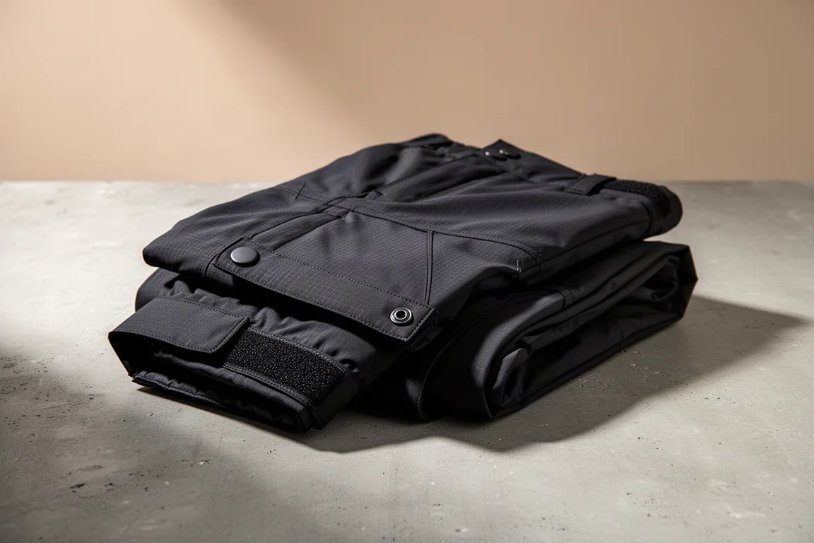 Folded black snowboard pants with ripstop texture and boot gaiter on concrete