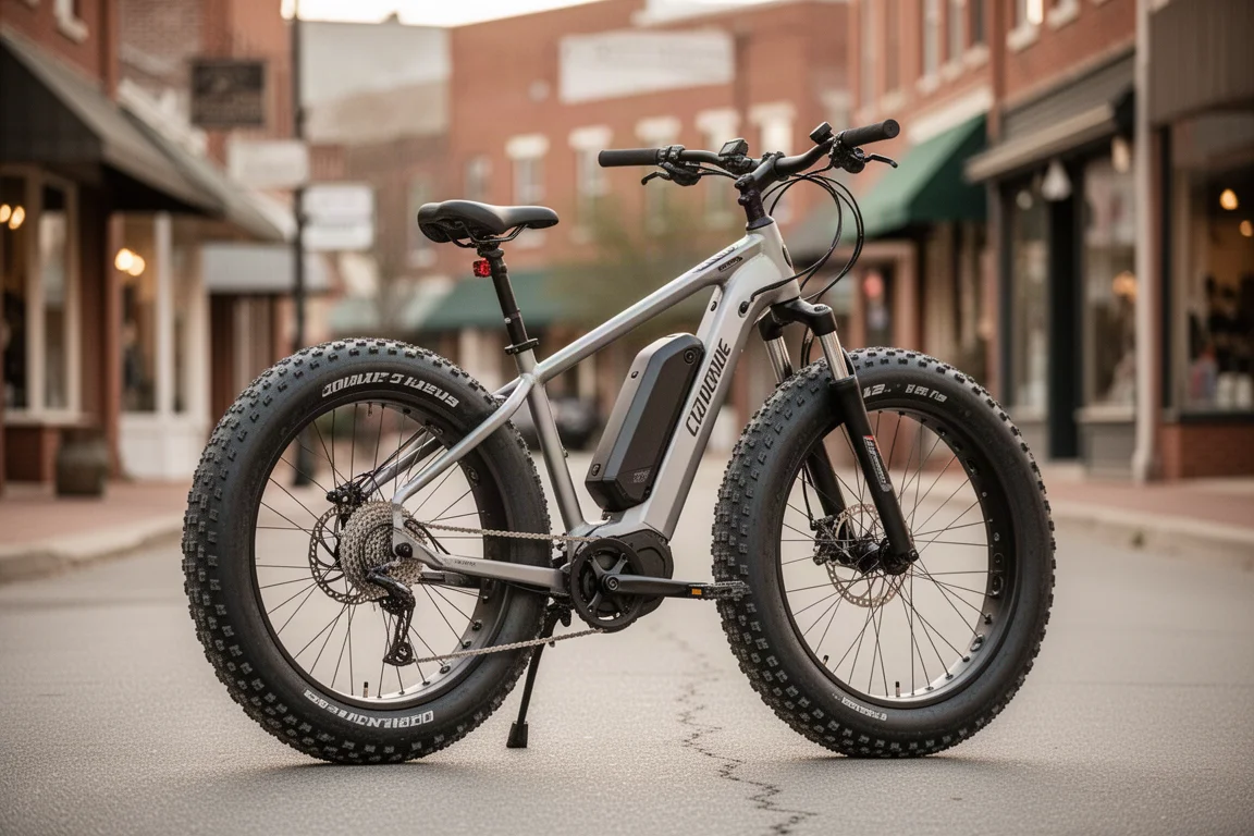 Fat tire ebike geparkeerd op een rustige straat in een klein dorp met historische gebouwen