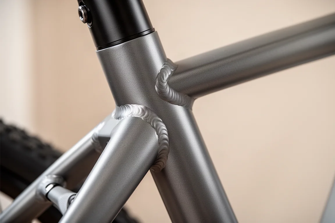 Close-up van het step-through frame met strakke, gelijkmatige lassen rond de buisverbinding