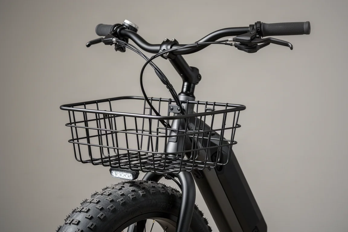 Voormand van draad gemonteerd onder het stuur van een fat tire ebike