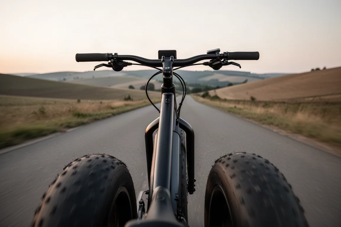 Zicht vanuit het zadel van een ebike die in de schemering over een plattelandsweg rolt
