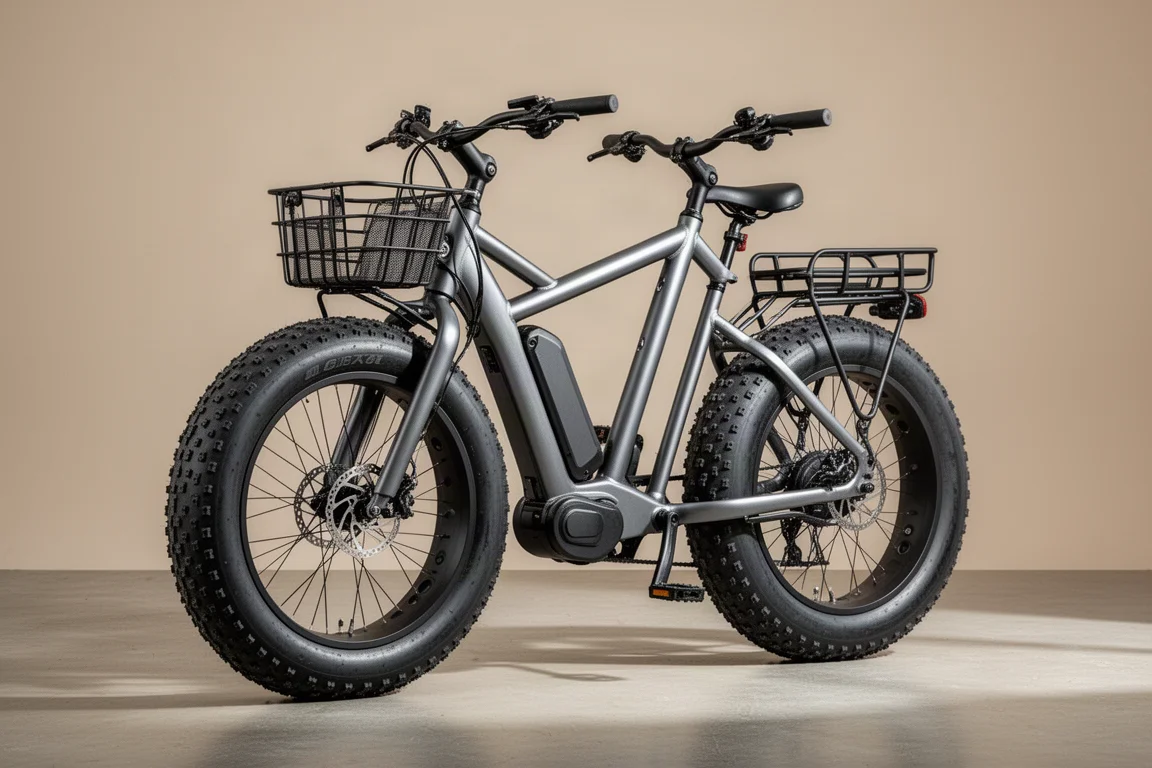 TST Dreamer Fat-Tire-E-Bike mit Durchstieg in Grau mit Frontkorb und Gepäckträger