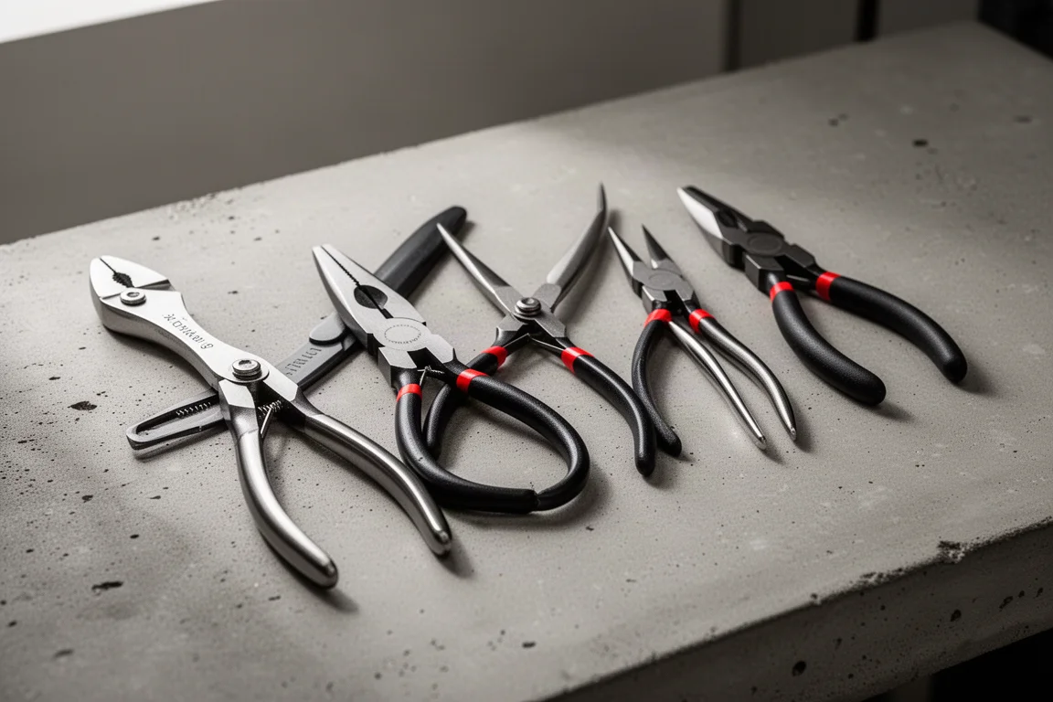 Collection of precision pliers laid out on a workshop surface