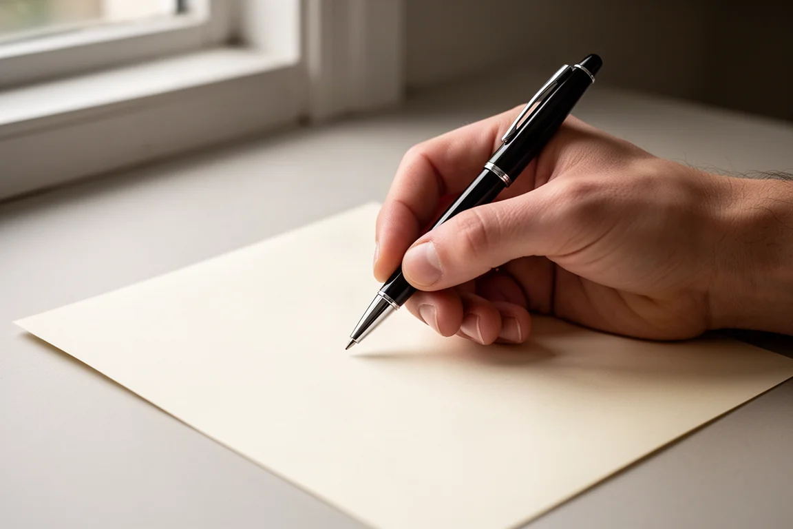 Hand macht Notizen mit einem schwarzen Stift auf weißem Papier im sanften Fensterlicht