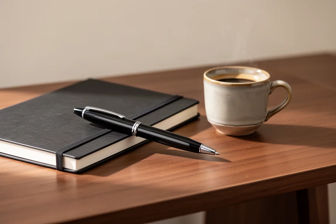 Schwarzer Kugelschreiber neben einem geschlossenen Notizbuch und einer Kaffeetasse auf einem Holztisch