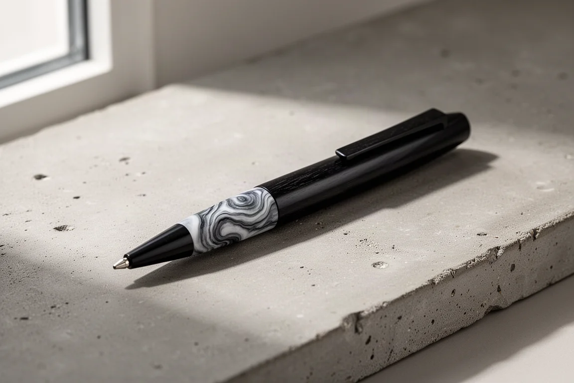 Handmade black ebonite ballpoint pen with swirling grey exotic resin section on concrete