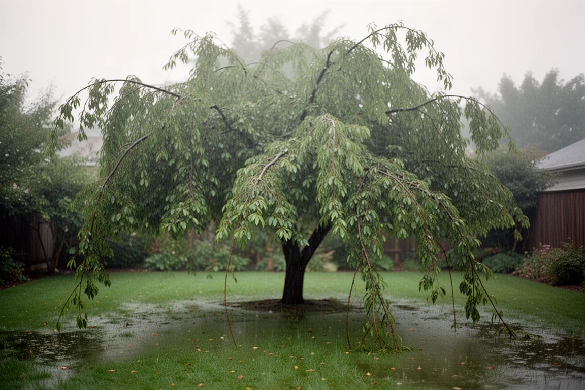 Árbol de jardín con crecimiento excesivo que necesita poda tras el mal tiempo