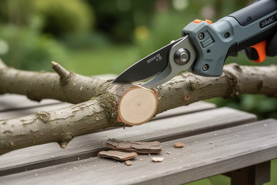 Podadora a batería cortando una rama gruesa de árbol